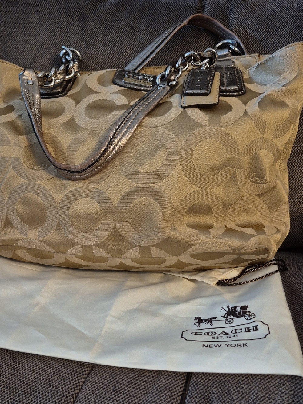 Coach Large Signature Shoulder Tote in Beige with Silver Trim